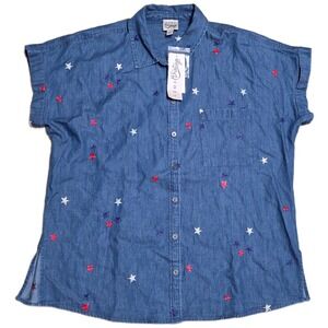 Como Vintage Button Down Shirt Women's Size Large Blue Denim Star Embroidered